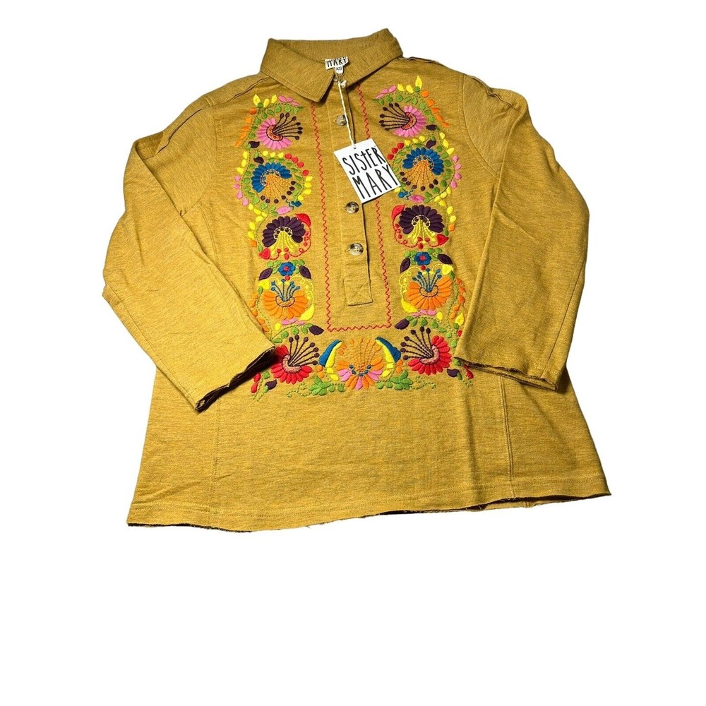 Sister Mary‎ Isabel Embroidered Flowers Yellow Long Sleeve Top Collared XS